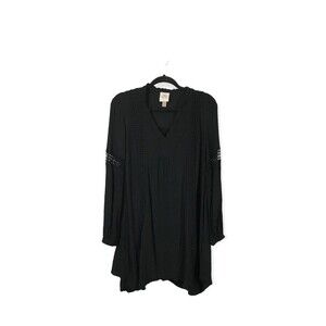 Knox Rose Black Long Sleeve Boho V Neck Peasant Crochet Women's XS Swing Dress